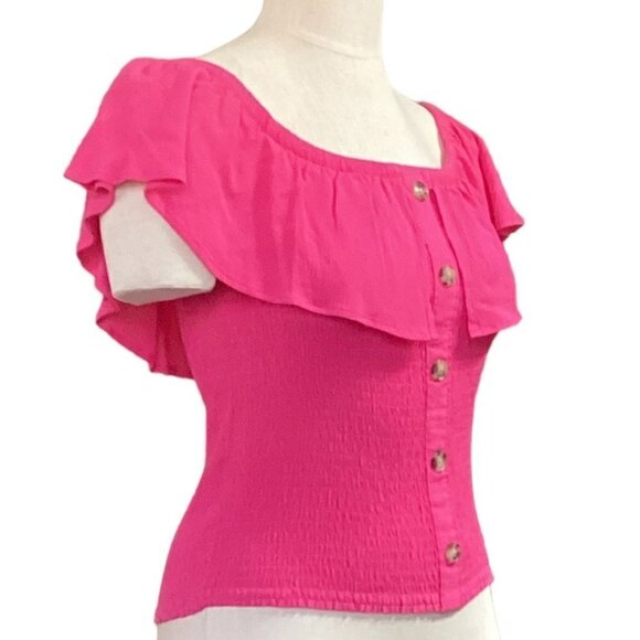 Express Ruffle Neck Smocked Top Button Accents S Pink 70X - Picture 4 of 10